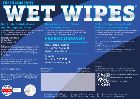 WET WIPES getränkt mit alkoholfreiem Desinfektionsmittel für alle Oberflächen
