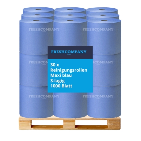 30 Reinigungs-, Putzrollen, 2-lagig, Zellstoﬀ-Mix, 1000 Blatt blau