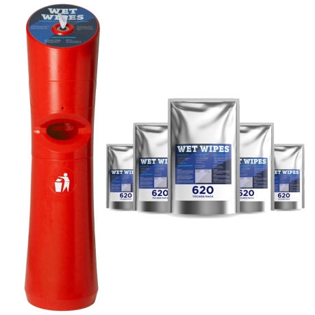 Kunststoffspender rot + wahlweise 6 x 620 oder 750 WET WIPES Desinfektionstücher