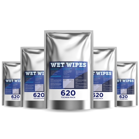 6 x 620 Wet Wipes alkoholfreie Desinfektionstücher 100 % Zellstoff 23 x 25 cm