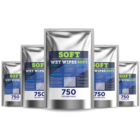 
6 x 750 Soft Wet Wipes alkoholfrei getränkte Tücher aus Viskosevlies für Flächen Desinfektion 21 x 19 cm