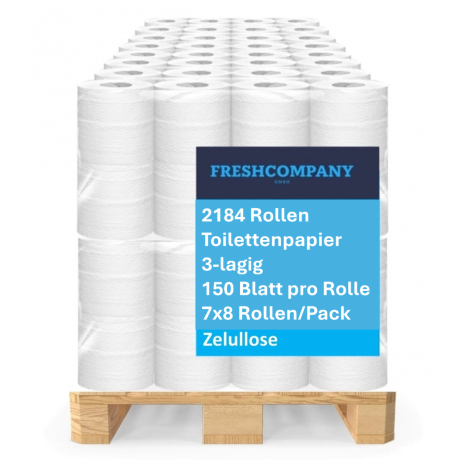 39 x 56 Rollen Toilettenpapier, 3-lagig, 150 Blatt Zellstoff, weiss, 7x8 Rollen