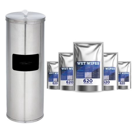 Set 6 x 620 Wet Wipes Desinfektionstücher + Edelstahlspender