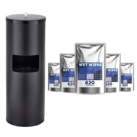 Edelstahlspender schwarz + wahlweise 6 x 620 oder 750 WET WIPES Desinfektionstücher