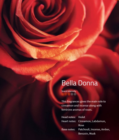 Bella Donna Aromaöl 200ml
Bei diesem Duft spielt Zimt die Hauptrolle, unterlegt mit dem weiblichen Aroma der Rose.