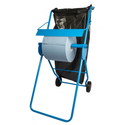 Putzrollenhalter Bodenständer mit Abfallsackhalterung, blau, Stahl bis 40 cm Rollenbreite